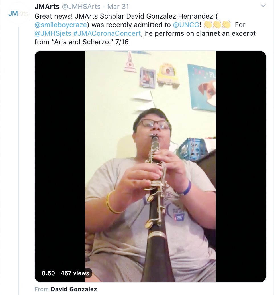 Jordan-Matthews High School student David Gonzalez Hernandez plays a song on the clarinet during the JMArts #CoronaConcert, held over Twitter on March 31. The #CoronaConcert featured multiple JM students and faculty showing off musical talent from home.