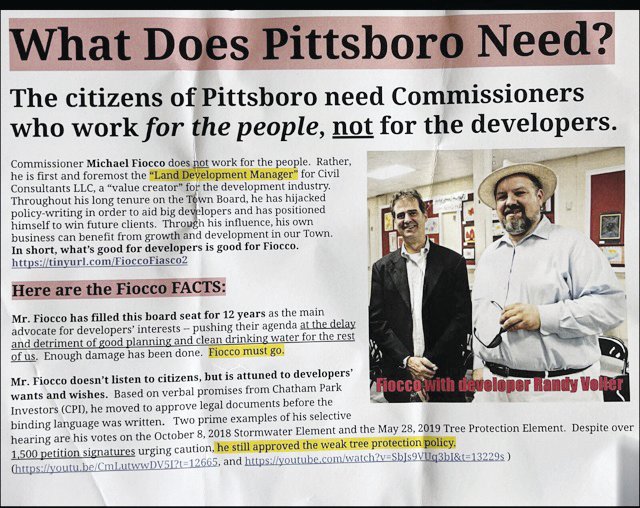 A photo of a political flyer distributed attacking Pittsboro Commissioner Michael Fiocco.