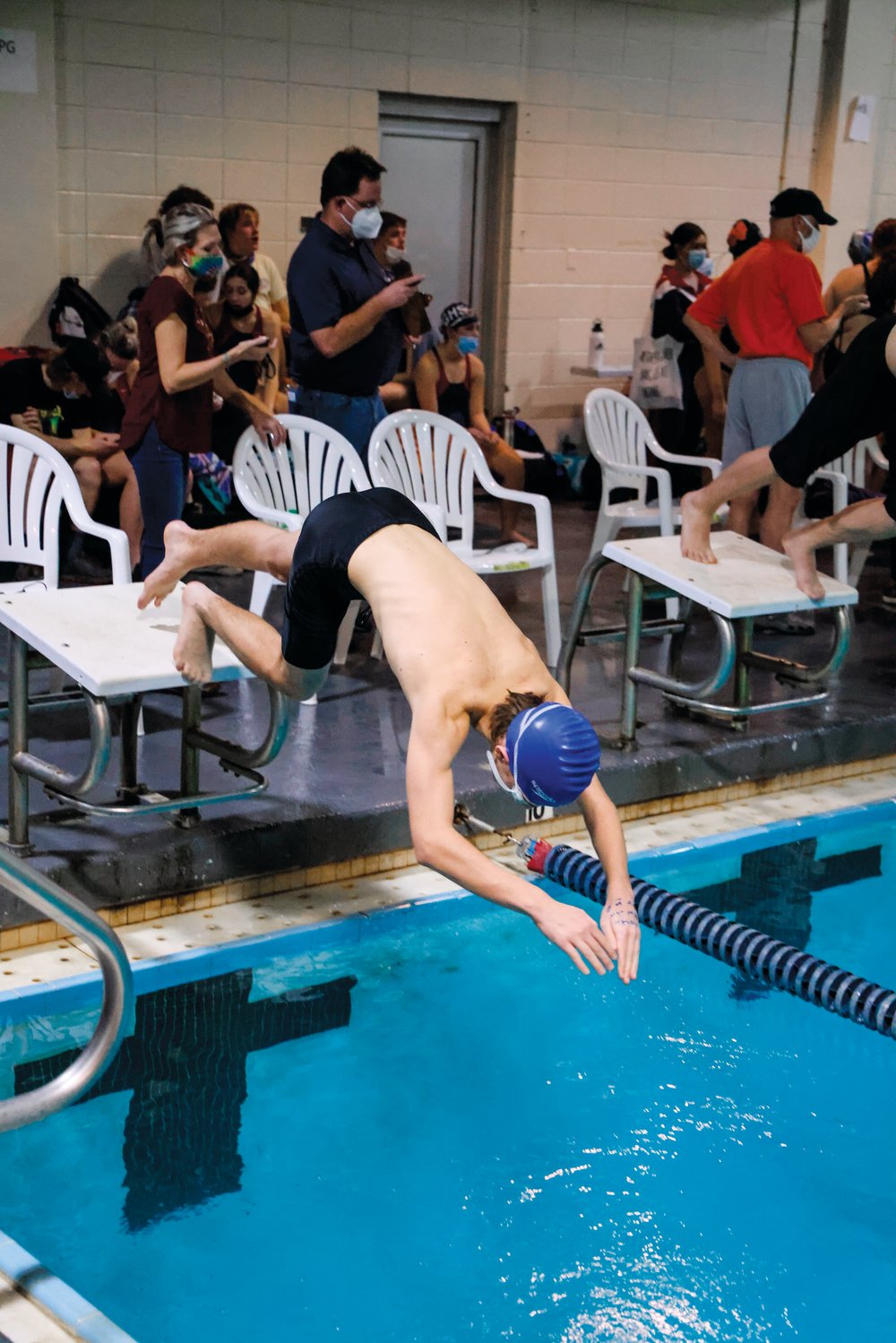 Jordan-Matthews junior Weldon Thornton dives into the pool at the start of one of his two freestyle races at a swim meet in Asheboro last Thursday. Thornton finished 5th in the men's 400-meter freestyle (8:04.62) and 8th in the men's 200-meter freestyle (4:17.20).
