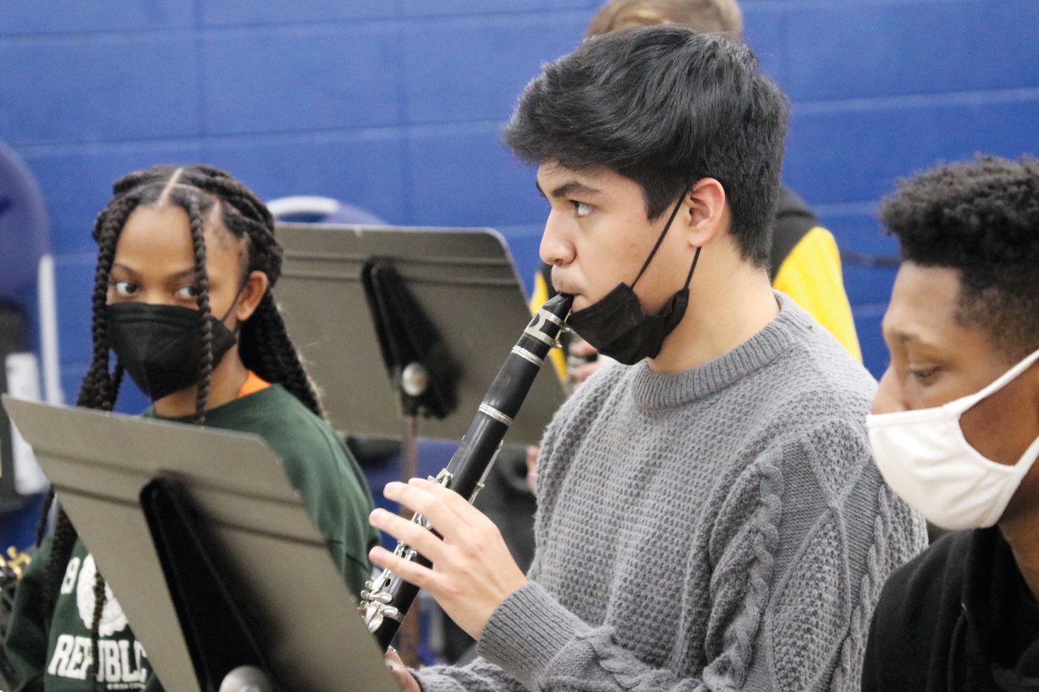 J-M student Yahir Gonzalez plays the clarinet during an afternoon workshop led by La Fiesta Latin Jazz Sextet last Friday inside J-M.