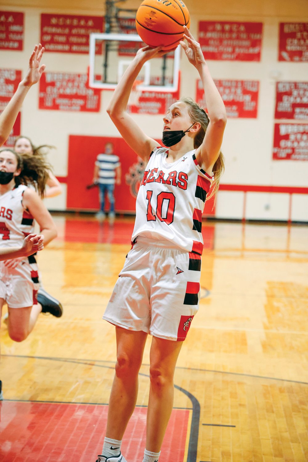 Chatham Central senior Kailey Green (10) pulls up for a short jumper in the Bears' 50-36 win over the Jordan-Matthews Jets last Friday. It was the 11th straight victory for the Bears over the Jets, a streak that dates back to 2015.
