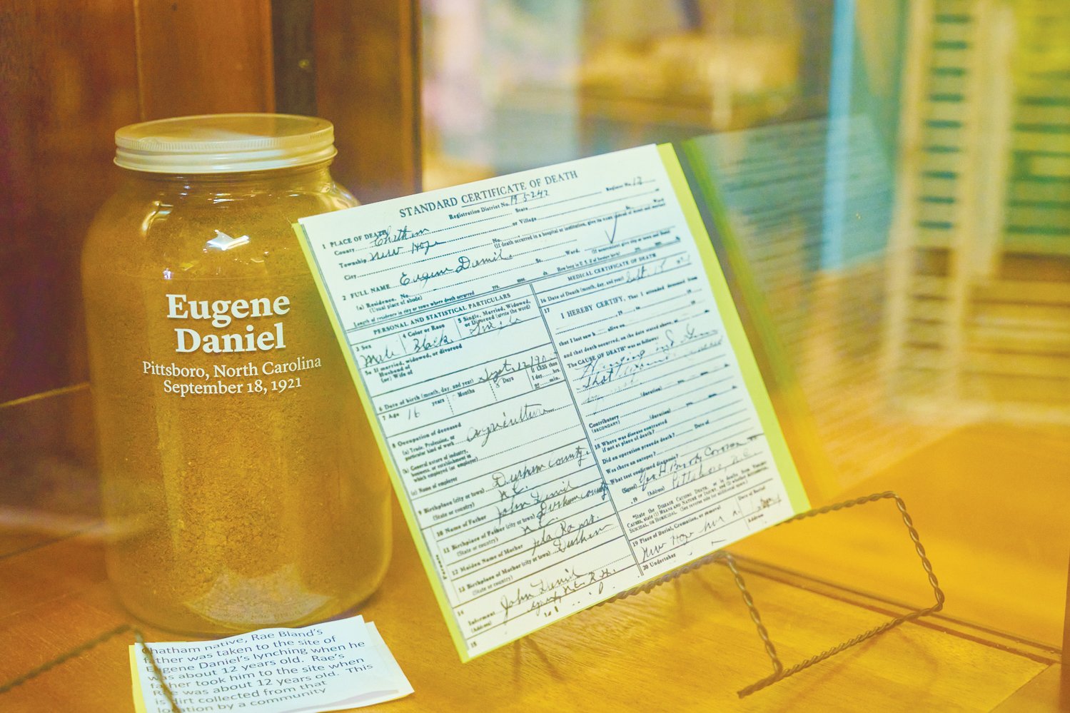 The soil from Eugene Daniel's lynching site is on display at the Chatham County Historical Museum's Black history exhibit.
