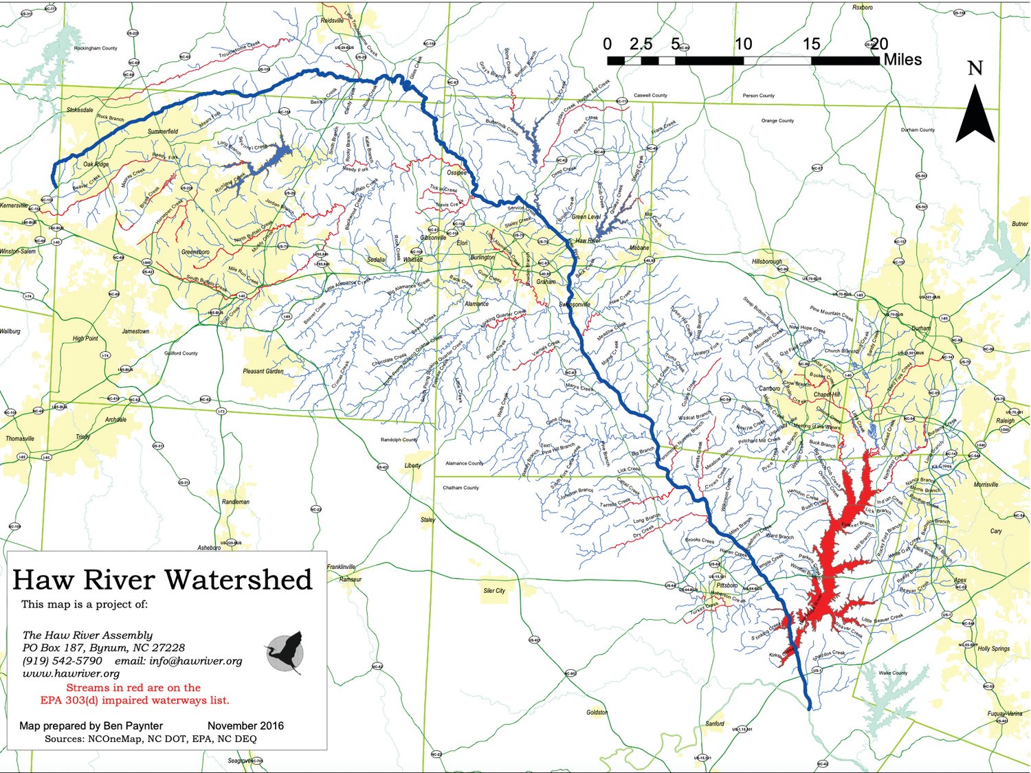 This map shows the Haw River Watershed and its flow through Chatham County.