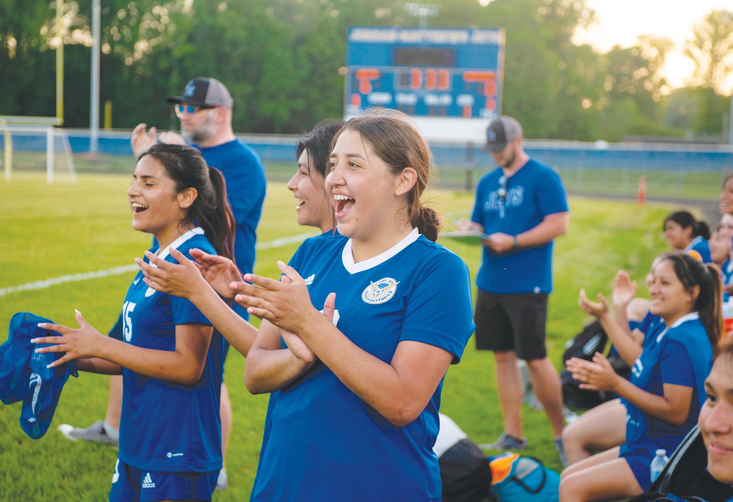 Jordan-Matthews sophomore Janeyra Guerrero Jaimes celebrates on the sideline after the Jets score a goal in the team's 7-0 win over the Seaforth Hawks last Monday.