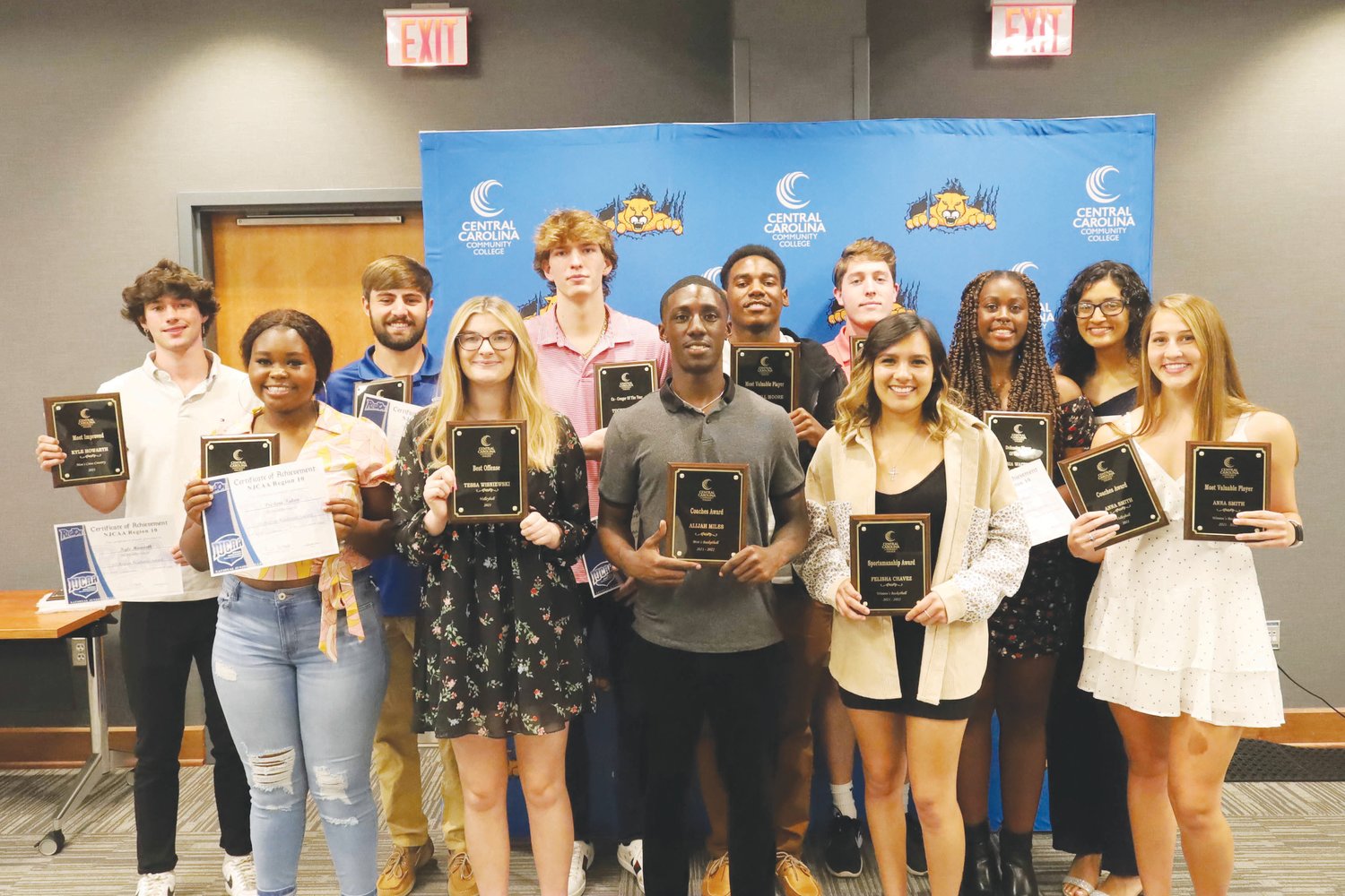 Central Carolina Community College athletic award recipients include, from left to right: first row, Pristina Tabon, Tessa Wisniewski, Alijah Miles, Felisha Chavez and Anna Smith; second row, Kyle Howarth, Cole McBurnett, Tucker Moore, Montell Moore, Derek Gardner, Asia Waiters and Kayle Mejia. Award recipients not pictured include Wesley Case, Preston Cox, Britt Lehman, Demarcus McLaurin, Noah Ritch and Bonnie Thompson.