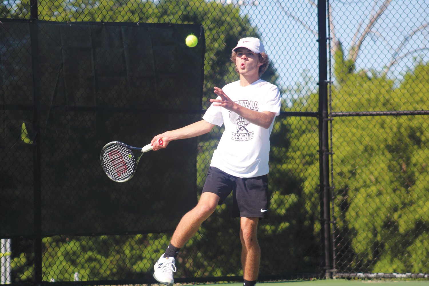 Chatham Central sophomore Seth Gilliland winds up to hit a forehand during his singles match against Clover Garden's Ayden Taylor. Gilliland earned a come-from-behind, tiebreaking win, 4-6, 7-5 (10-5) in what his head coach Heather Brooks called a 'pivotal' match.