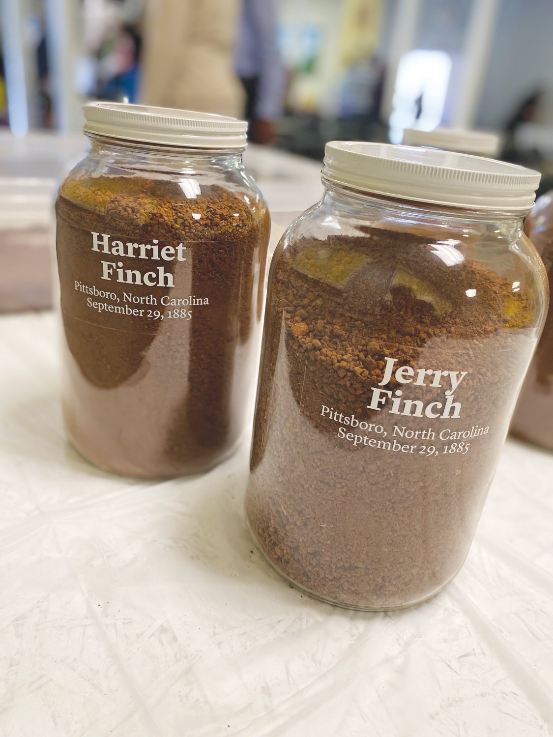 The fill jars memorializing Harriet and Jerry Finch, who were lynched in Pittsboro on Sept. 29, 1885.