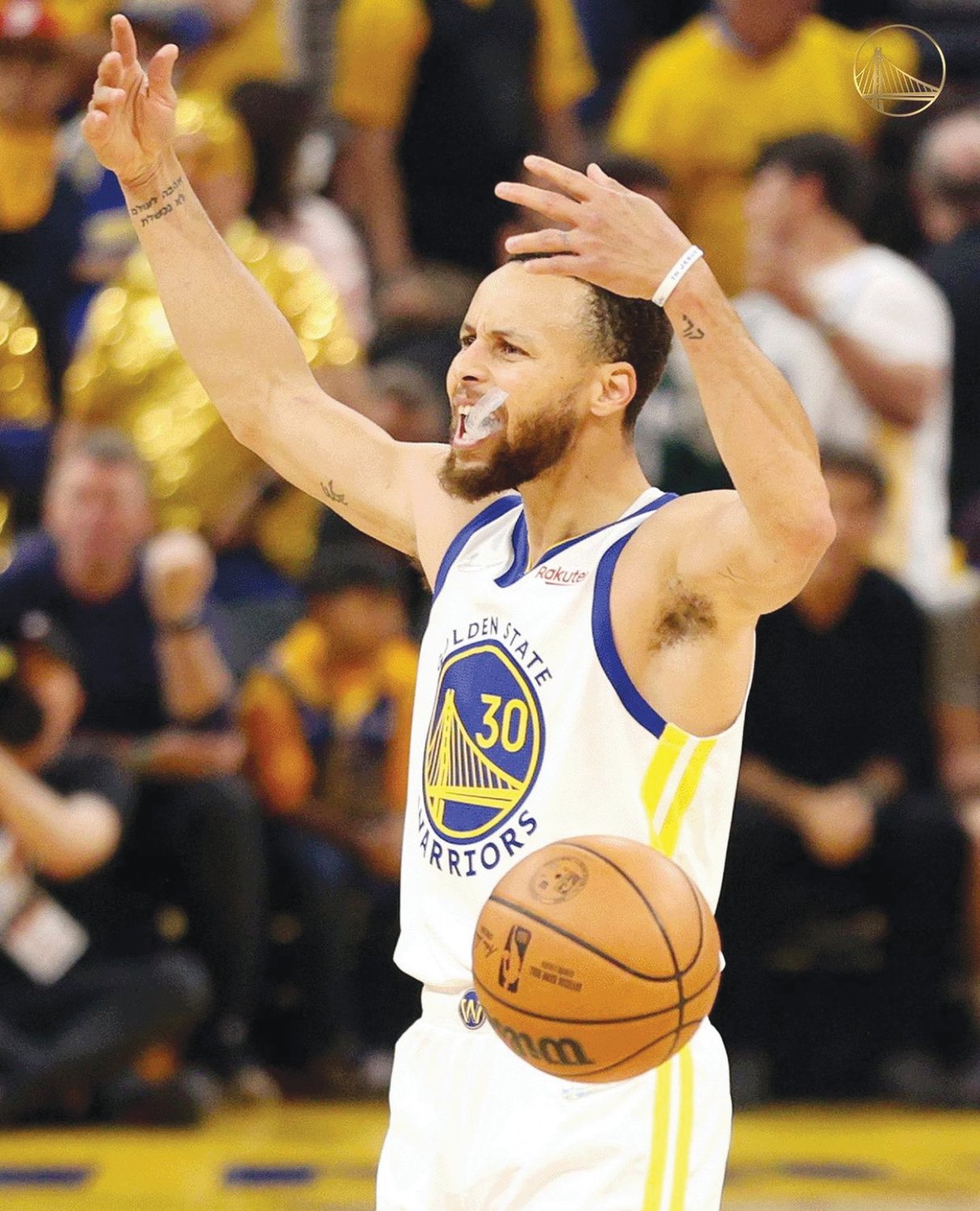 Warriors guard Steph Curry pumps up the crowd at the Chase Center during Game 5 of the NBA Finals on Monday. The Warriors pulled out the win, 104-94, to take a 3-2 series lead over the Celtics.