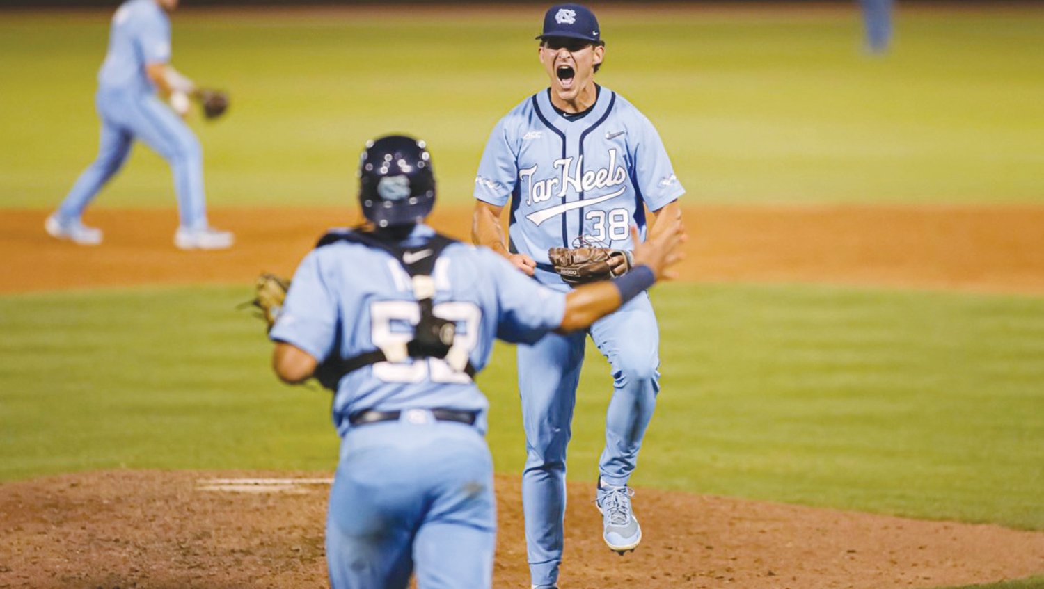 UNC relief pitcher Davis Palermo (38) lets out an emotional celebration after closing out the Tar Heels' 7-3 win over VCU in the NCAA Chapel Hill Regional on June 6 to advance to the Super Regional.