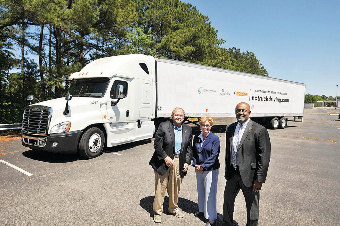 Central Carolina Community College, Randolph Community College, and Sandhills Community College have joined efforts to offer a regional truck driving and logistics program. Pictured are Sandhills CC President Dr. John R. Dempsey, CCCC President Dr. Lisa M. Chapman, and Randolph CC Vice President for Workforce Development & Continuing Education Elbert Lassiter. Learn more about this program at nctruckdriving.com.