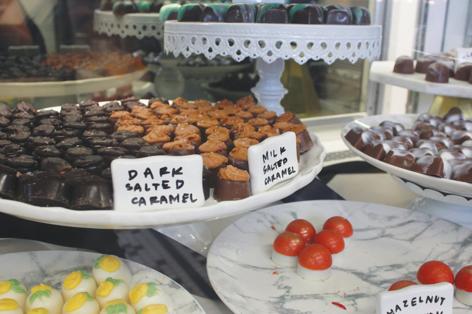 Dozens of truffles and bagged candies are on display at the front counter at the Chocolate Cellar Deux in downtown Pittsboro. The wide variety of truffle flavors include chocolate, saltred caramel, Irish cream, lemon merengue, glazed pecan, pomegranete and more.