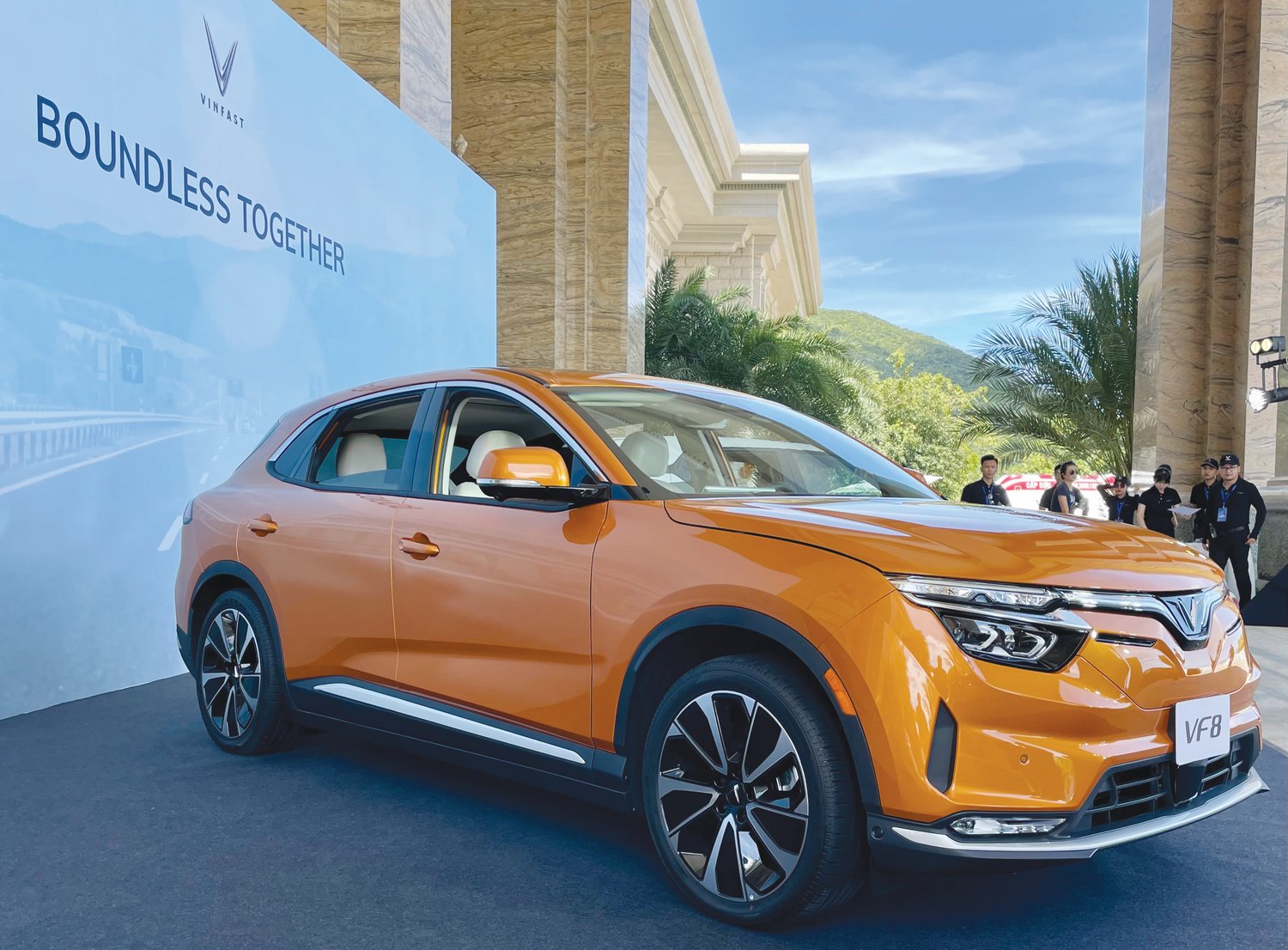 The VinFast VF-8 is displayed at VinPearl Resort in Nha Trang, Vietnam. The car is a pre-production model of the electric SUV expected to be manufactured at the Chatham County factory.