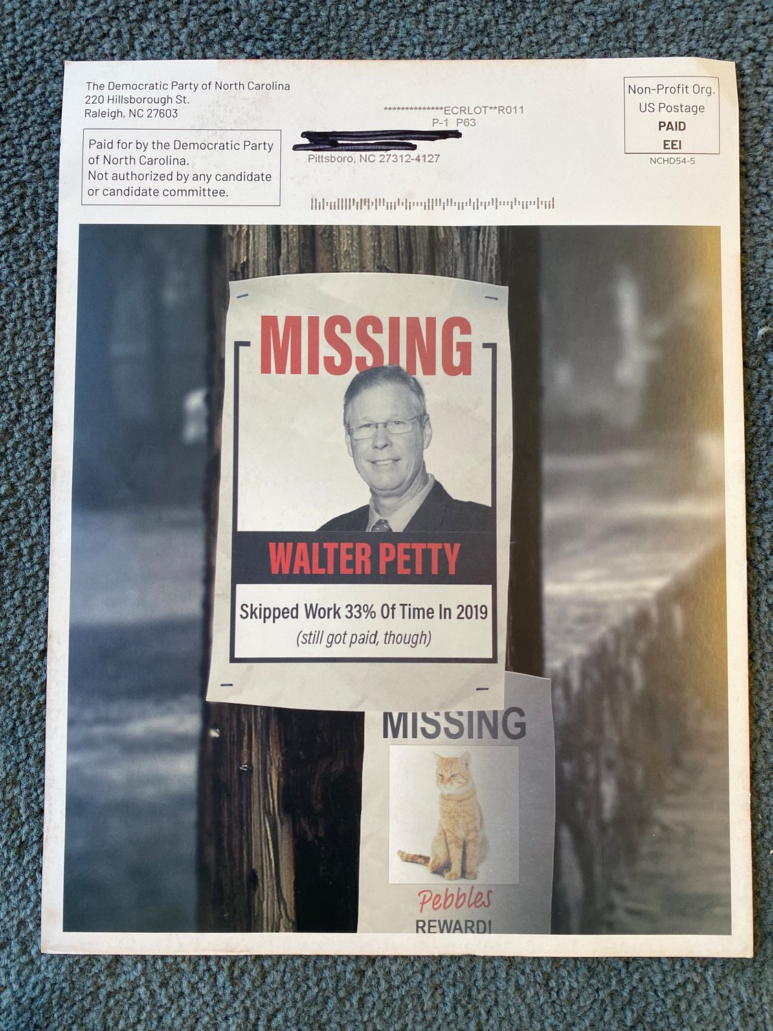 A political mailer sent to Dist. 54 voters by the Democratic Party of N.C. attacking Walter Petty.