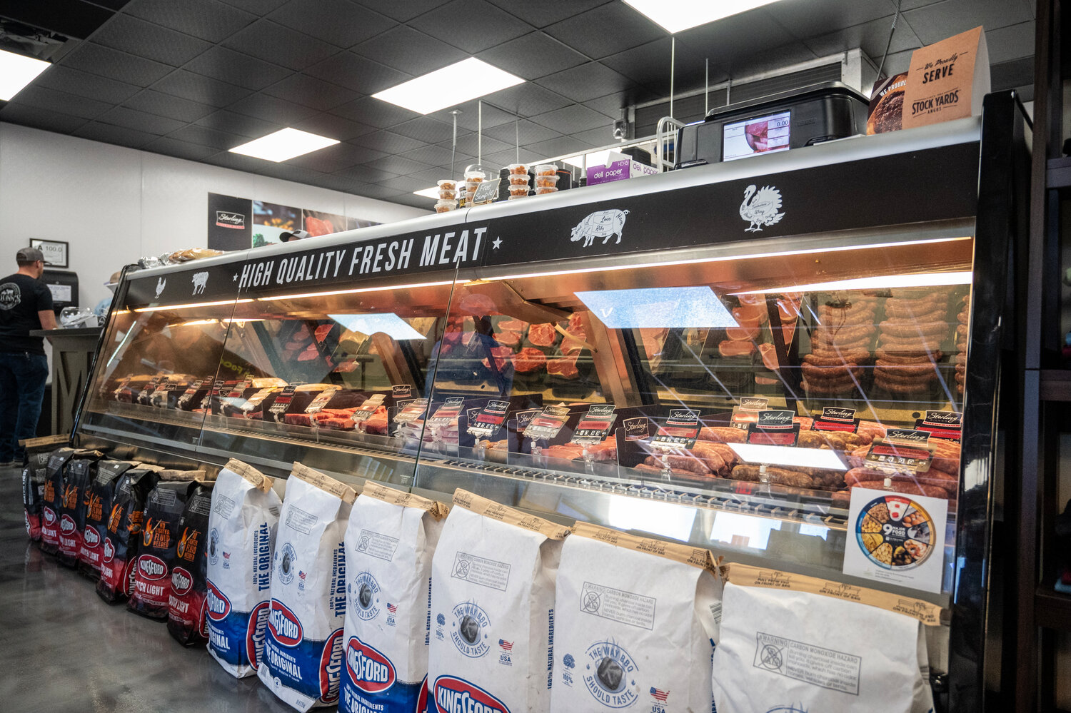 Meat counter where you can get fresh served meats during the ribbon cutting Grand Opening at O’Quinns Butcher shop in Pittsboro on October 27, 2023.